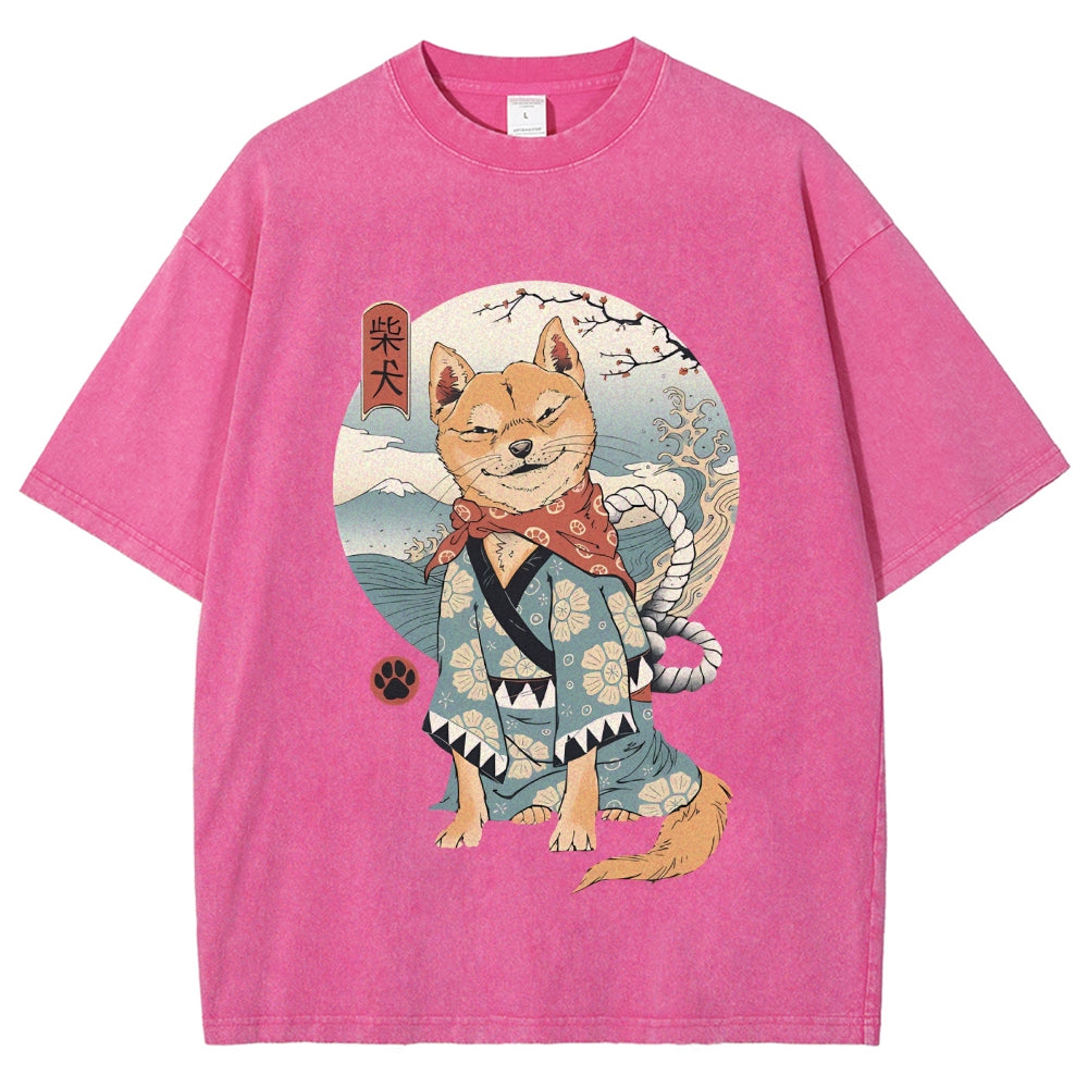 Smiling Shiba Inu Washed Vintage Short Sleeves T-Shirt