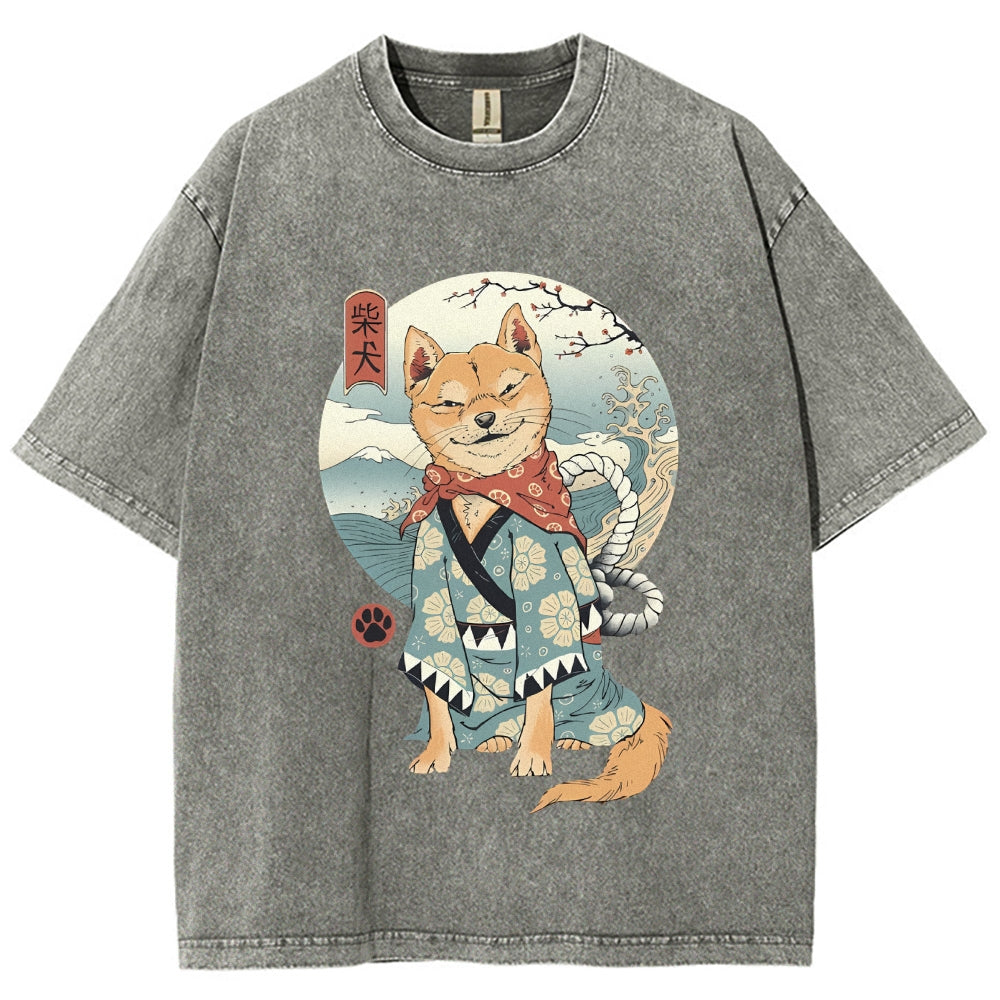 Smiling Shiba Inu Washed Vintage Short Sleeves T-Shirt