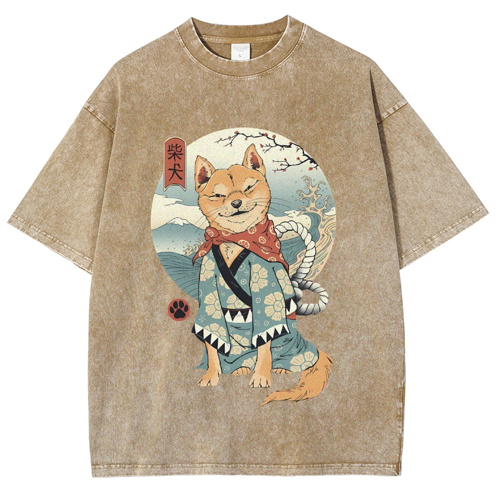 Smiling Shiba Inu Washed Vintage Short Sleeves T-Shirt