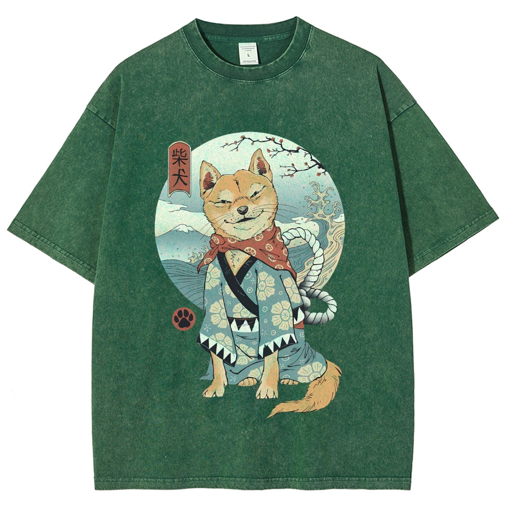 Smiling Shiba Inu Washed Vintage Short Sleeves T-Shirt