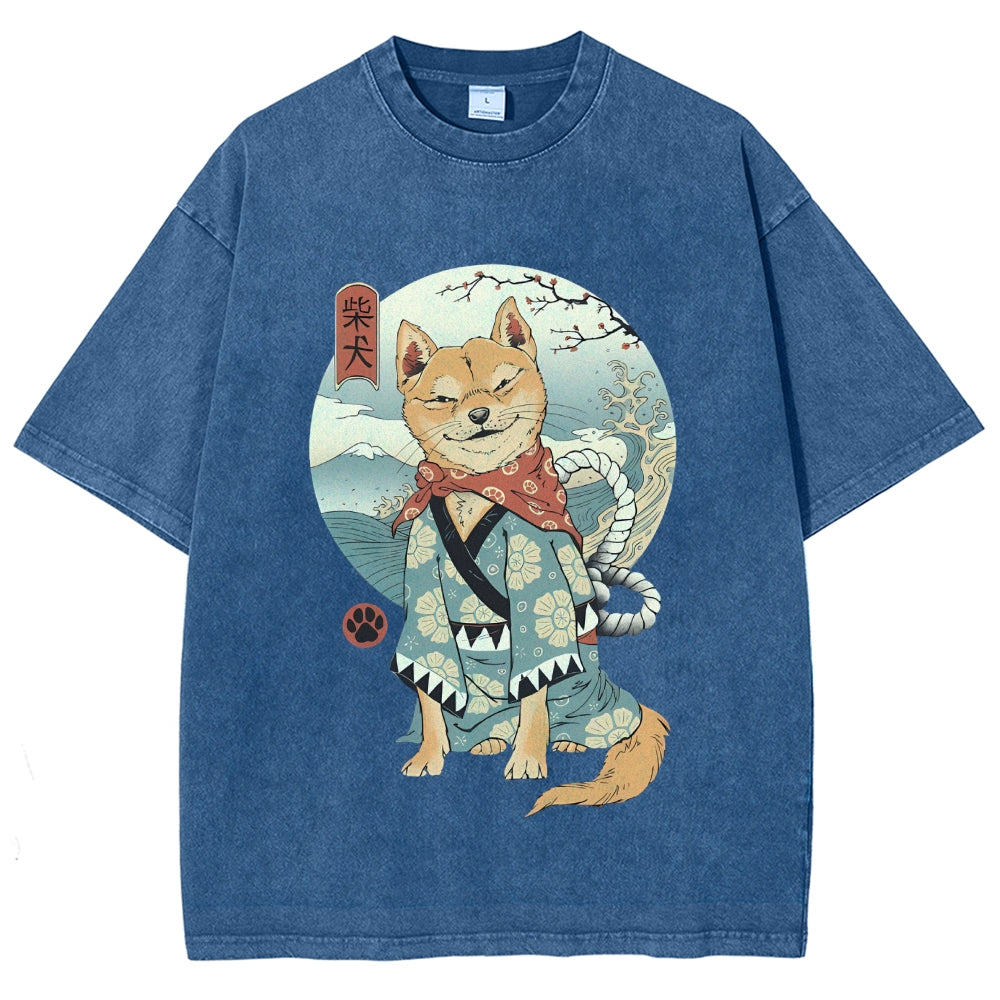 Smiling Shiba Inu Washed Vintage Short Sleeves T-Shirt