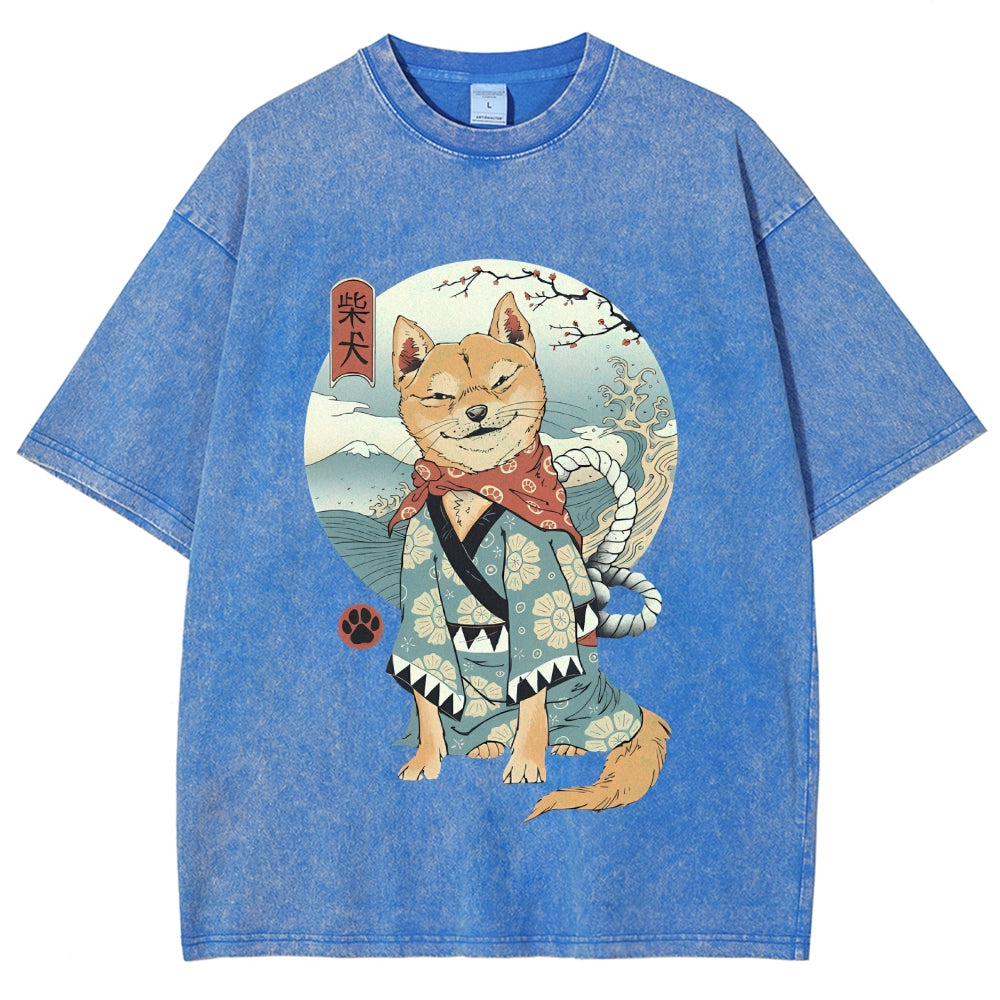 Smiling Shiba Inu Washed Vintage Short Sleeves T-Shirt