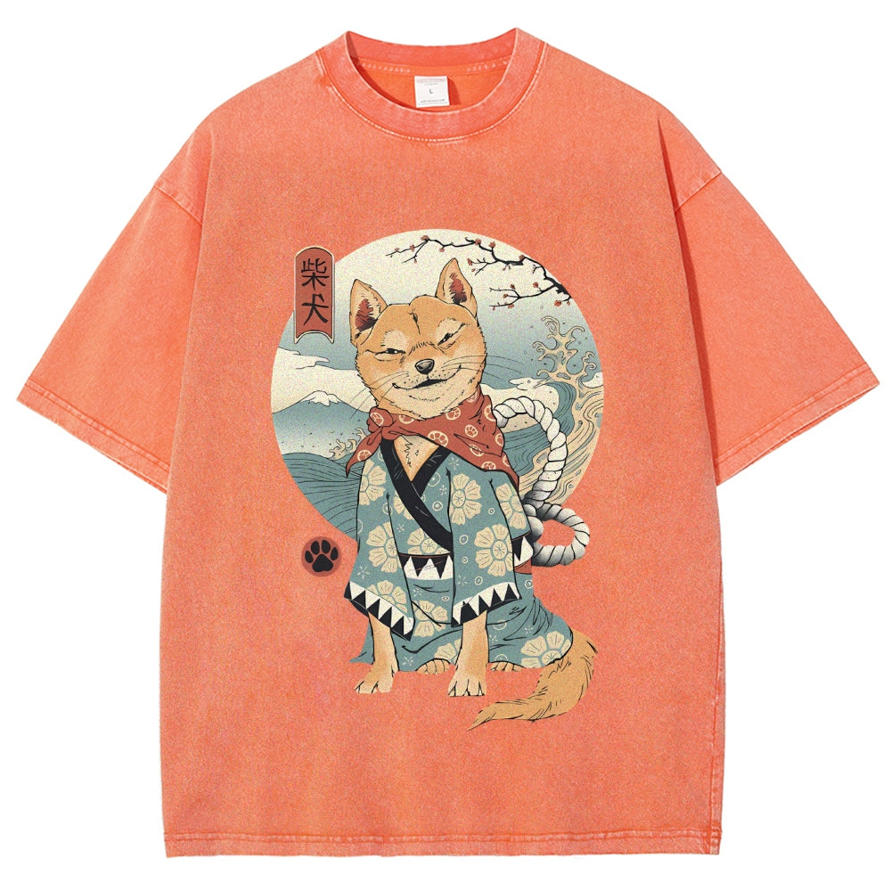 Smiling Shiba Inu Washed Vintage Short Sleeves T-Shirt
