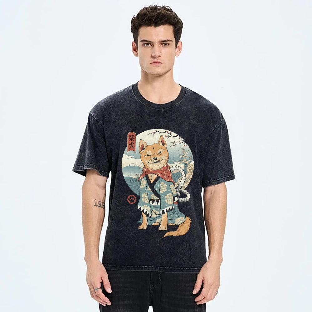 Smiling Shiba Inu Washed Vintage Short Sleeves T-Shirt