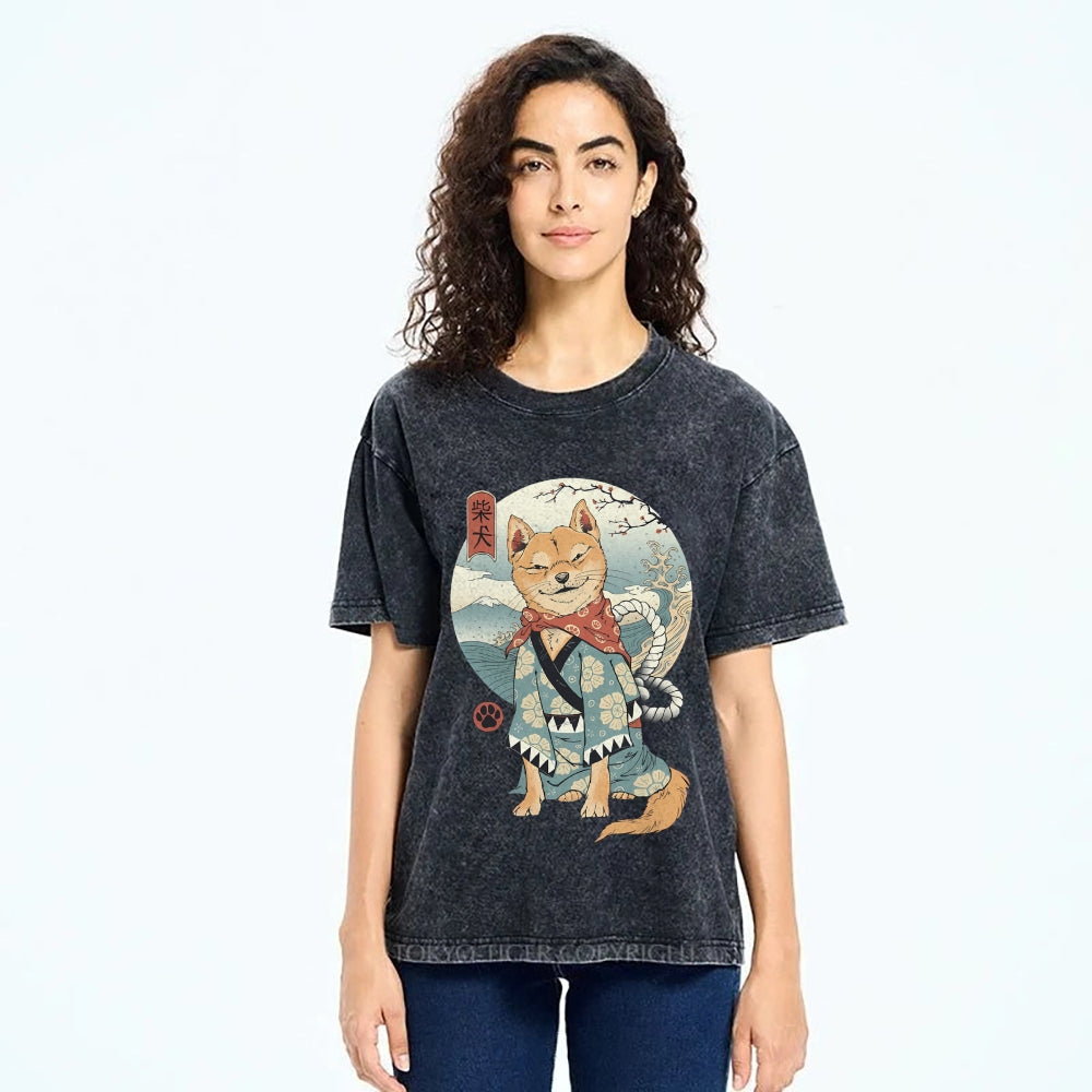 Smiling Shiba Inu Washed Vintage Short Sleeves T-Shirt