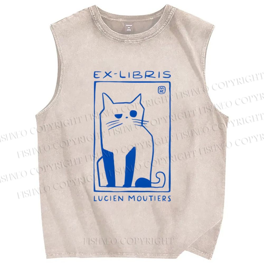 Unisex Lucien Moutiers Cat Printed Washed Tank Top
