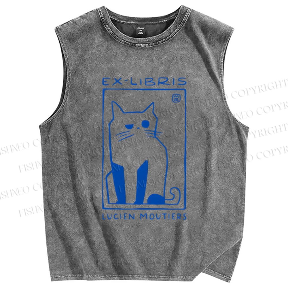 Unisex Lucien Moutiers Cat Printed Washed Tank Top