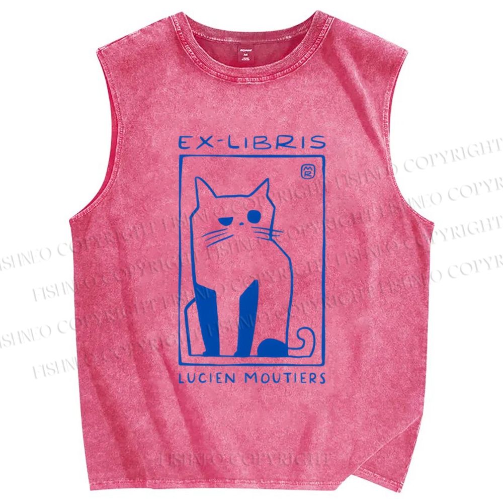 Unisex Lucien Moutiers Cat Printed Washed Tank Top
