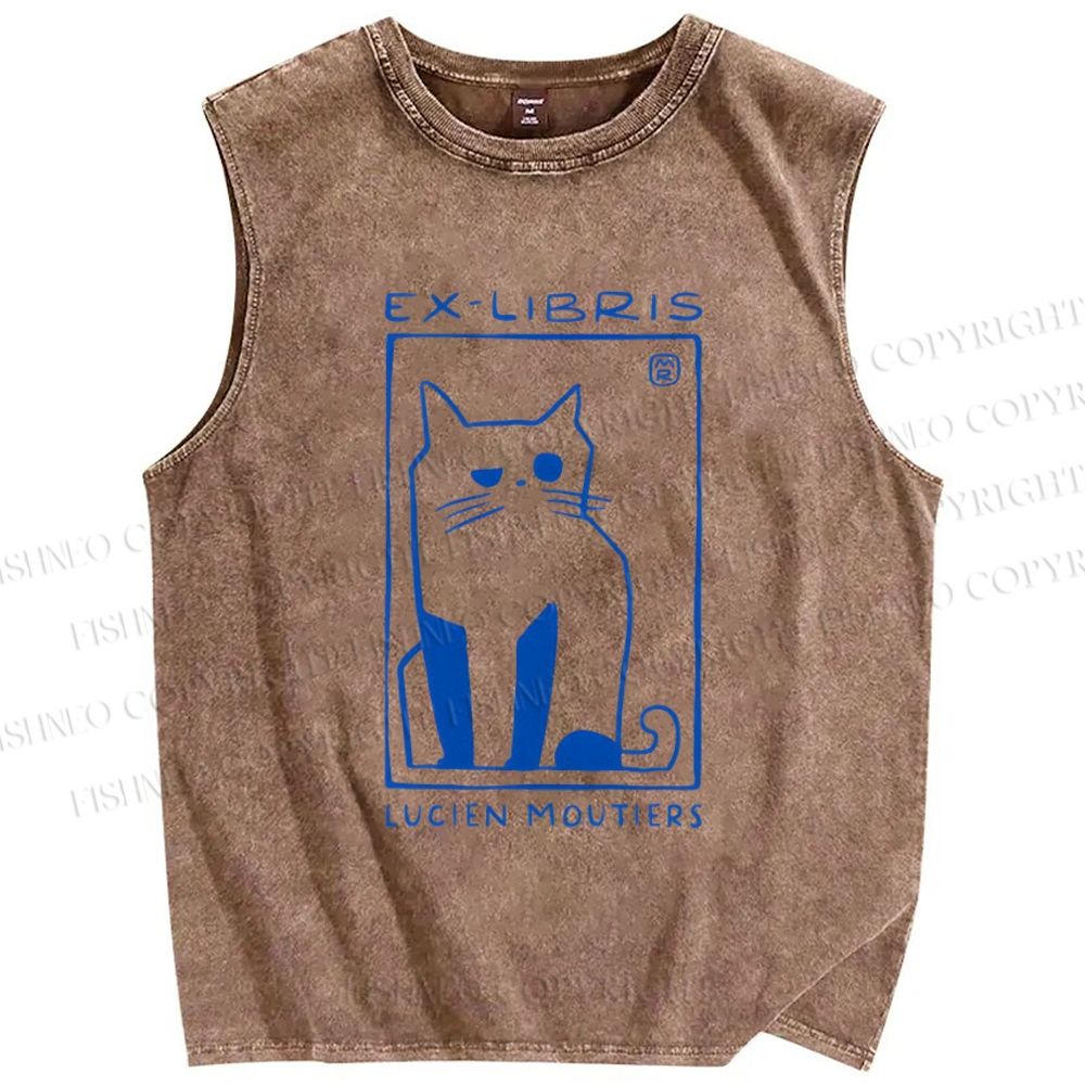 Unisex Lucien Moutiers Cat Printed Washed Tank Top