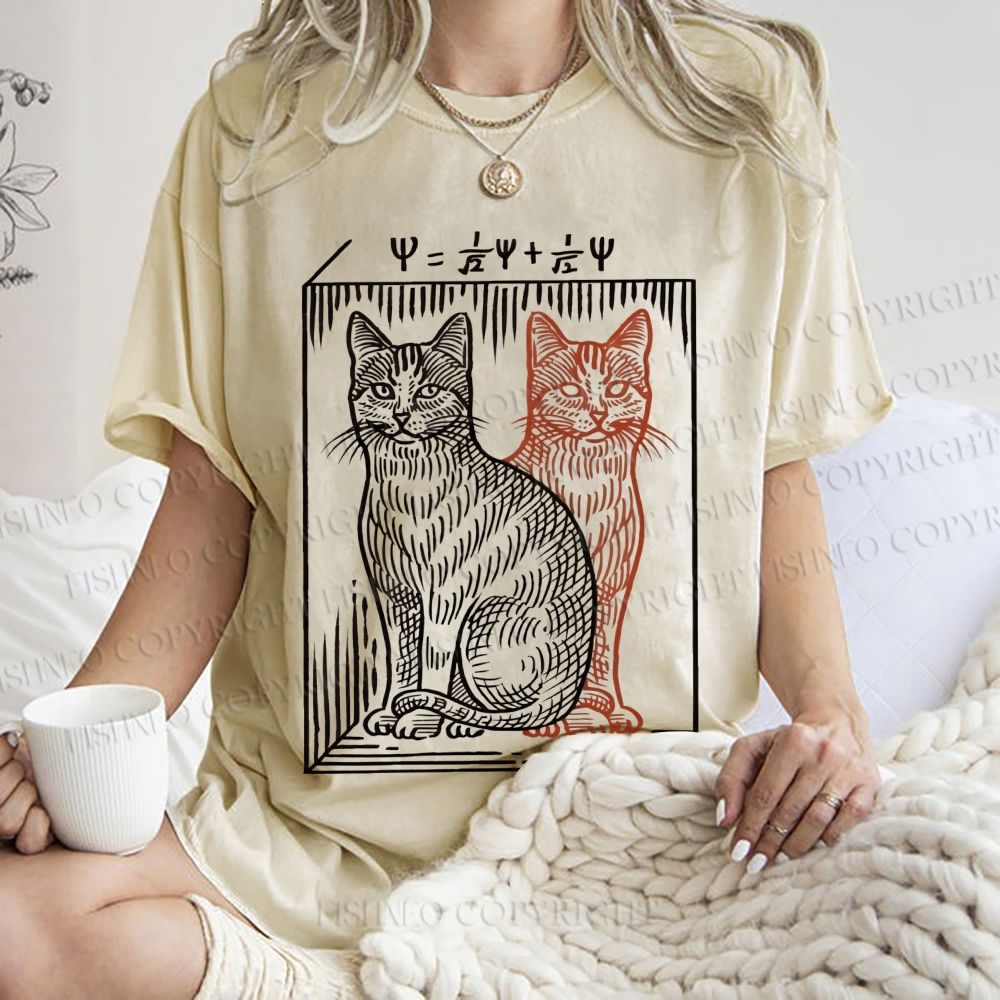 Unisex Artistic Cat Printed Washed Tee