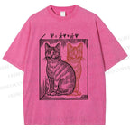Unisex Artistic Cat Printed Washed Tee