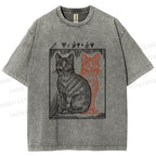 Unisex Artistic Cat Printed Washed Tee