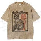 Unisex Artistic Cat Printed Washed Tee