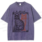 Unisex Artistic Cat Printed Washed Tee