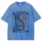Unisex Artistic Cat Printed Washed Tee