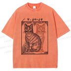 Unisex Artistic Cat Printed Washed Tee