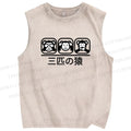 Unisex Three Monkeys Printed Washed Tank Top