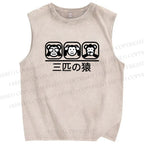 Unisex Three Monkeys Printed Washed Tank Top