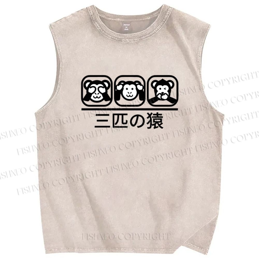 Unisex Three Monkeys Printed Washed Tank Top