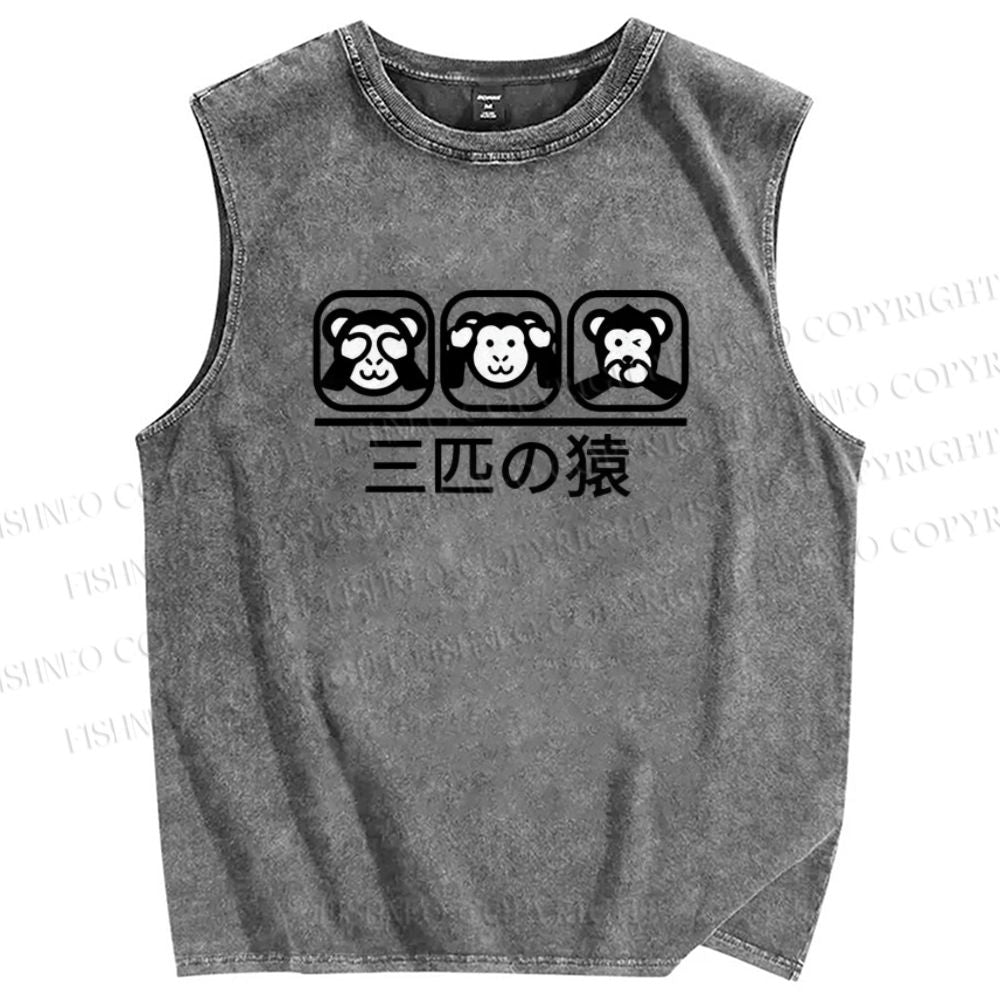 Unisex Three Monkeys Printed Washed Tank Top