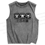 Unisex Three Monkeys Printed Washed Tank Top