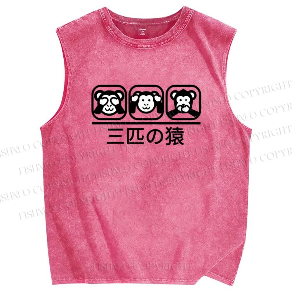 Unisex Three Monkeys Printed Washed Tank Top