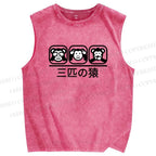 Unisex Three Monkeys Printed Washed Tank Top