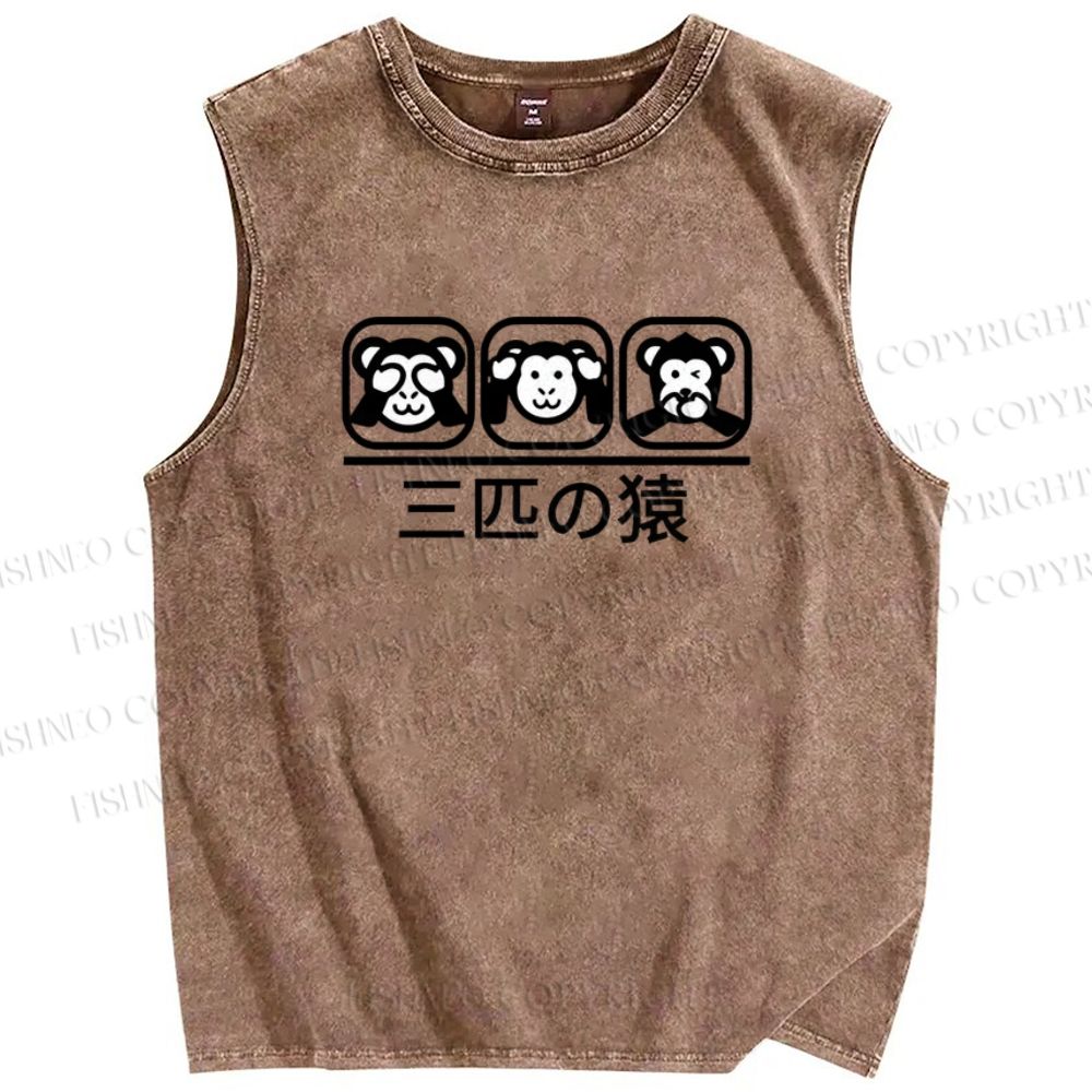 Unisex Three Monkeys Printed Washed Tank Top
