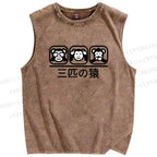 Unisex Three Monkeys Printed Washed Tank Top