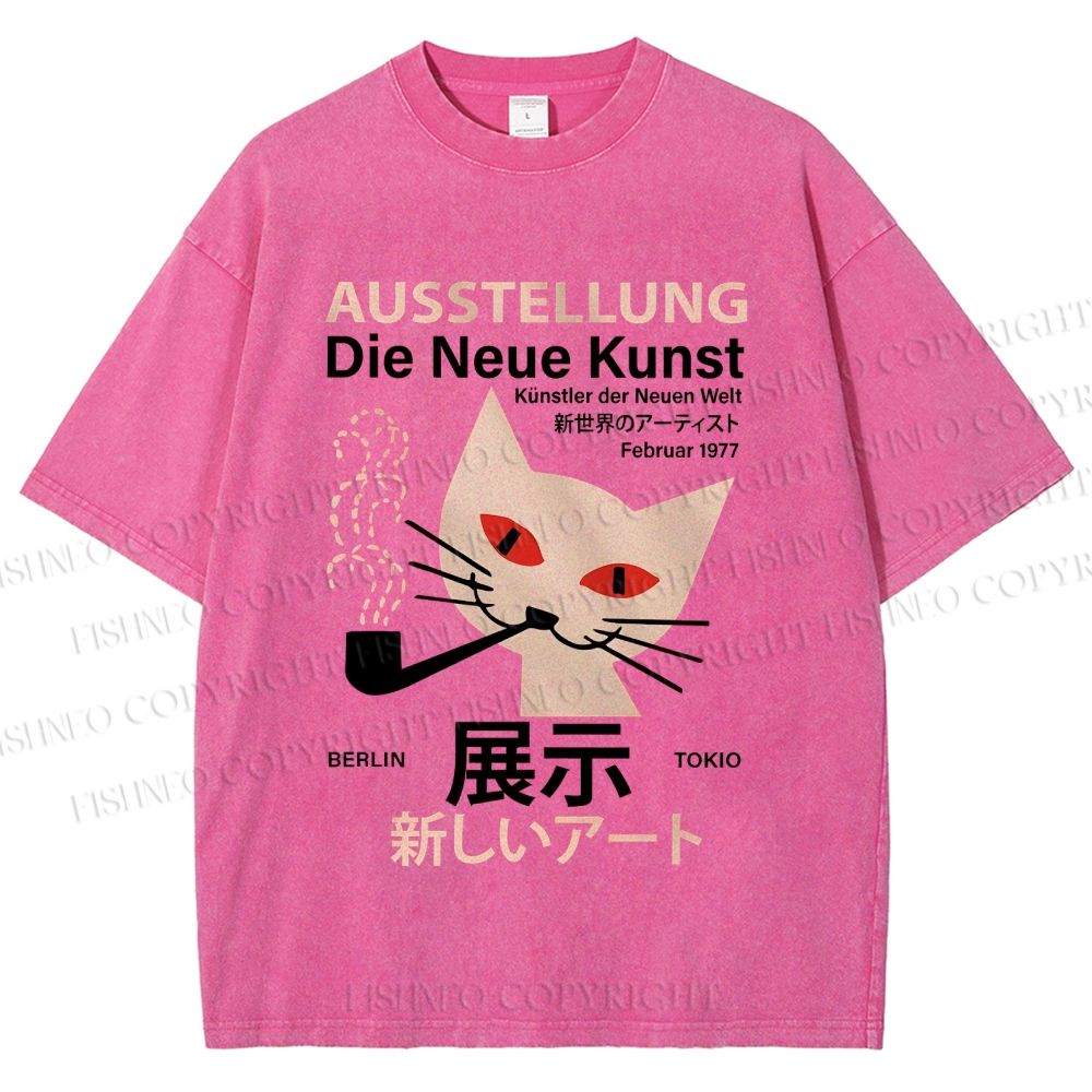 Unisex Artistic Cat Printed Washed Tee