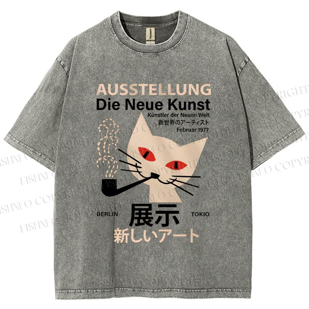Unisex Artistic Cat Printed Washed Tee