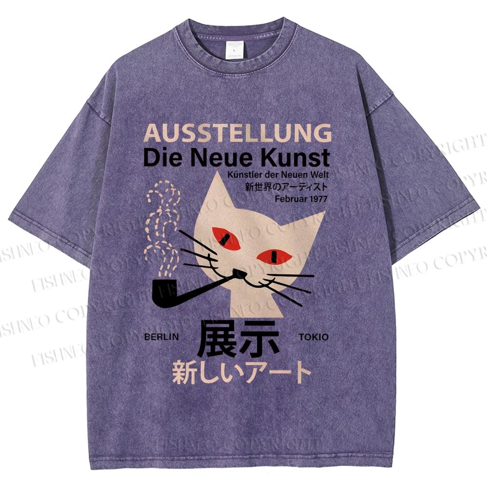 Unisex Artistic Cat Printed Washed Tee