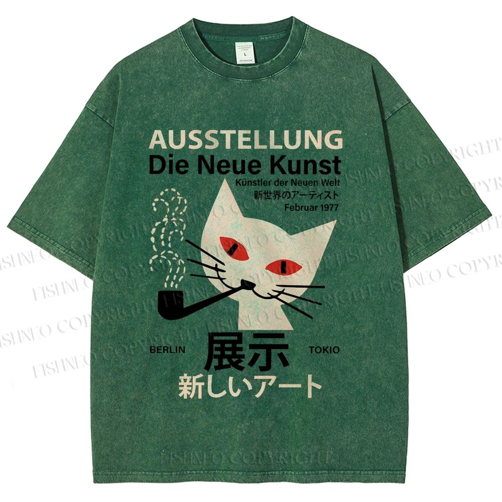 Unisex Artistic Cat Printed Washed Tee