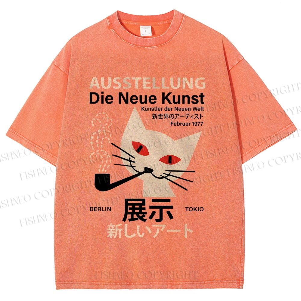 Unisex Artistic Cat Printed Washed Tee