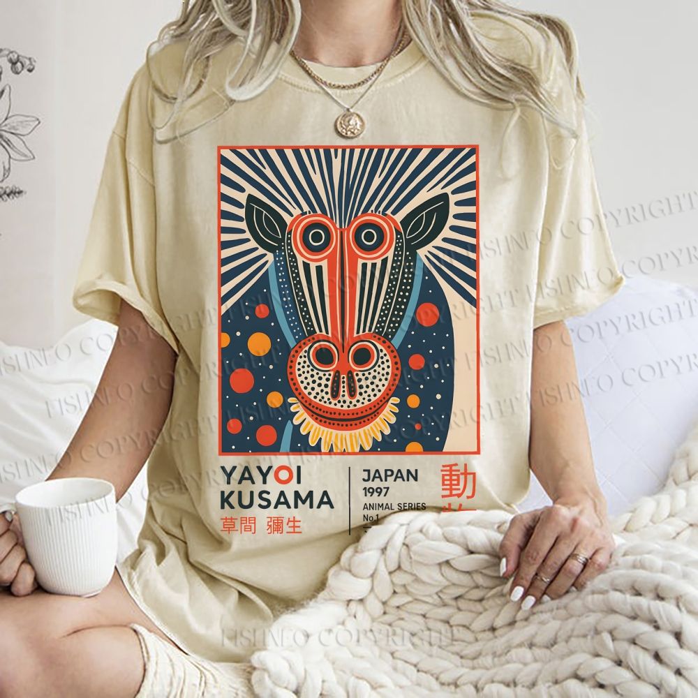 Unisex Yayoi Kusama Artistic Monkey Printed Washed Tee
