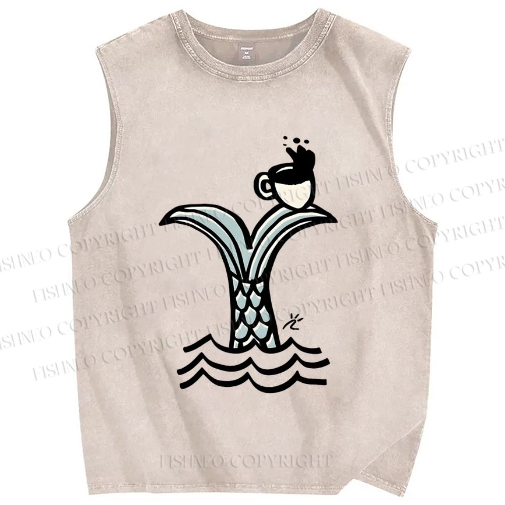 Unisex Ocean Wave Fishtail Printed Washed Tank Top