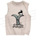 Unisex Ocean Wave Fishtail Printed Washed Tank Top