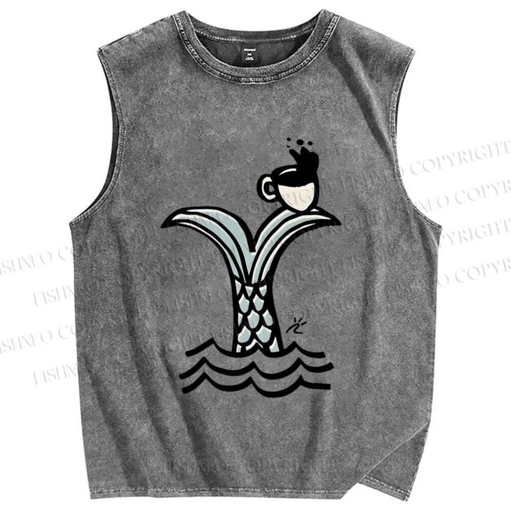 Unisex Ocean Wave Fishtail Printed Washed Tank Top