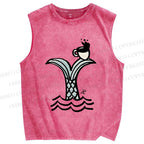 Unisex Ocean Wave Fishtail Printed Washed Tank Top
