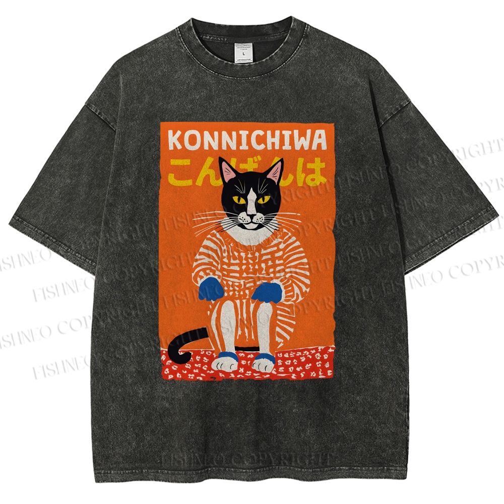 Unisex Artistic Cat Printed Washed Tee