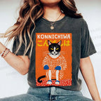 Unisex Artistic Cat Printed Washed Tee