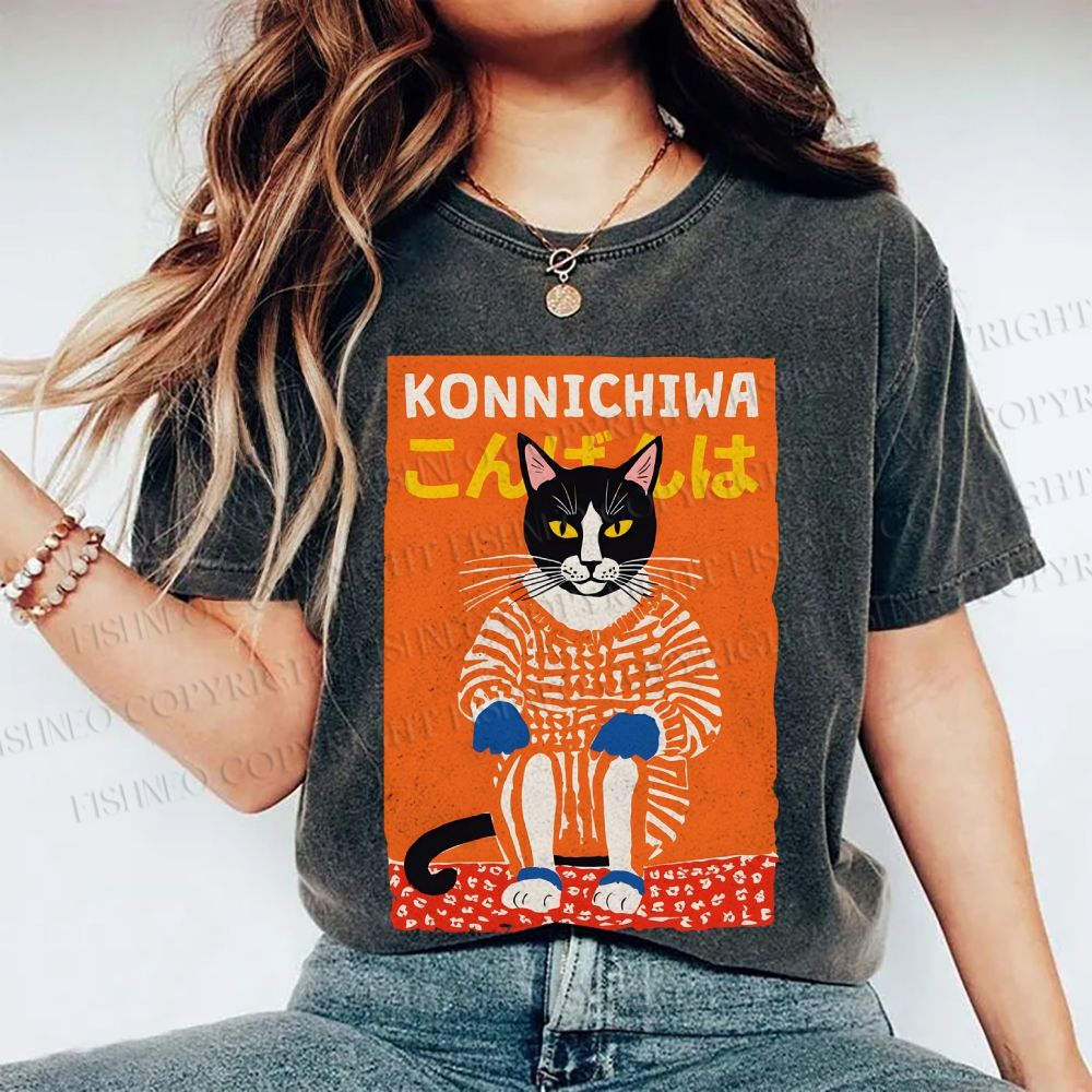 Unisex Artistic Cat Printed Washed Tee