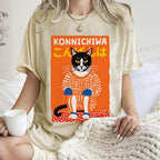 Unisex Artistic Cat Printed Washed Tee