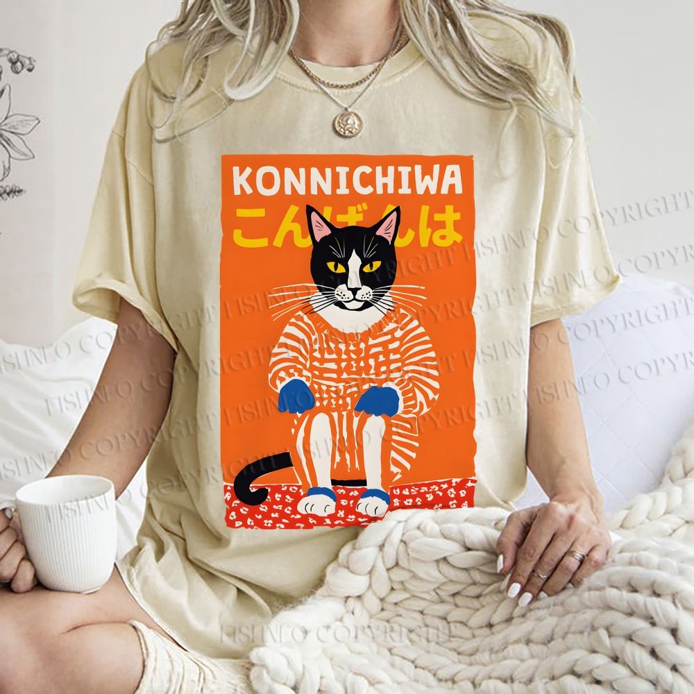 Unisex Artistic Cat Printed Washed Tee