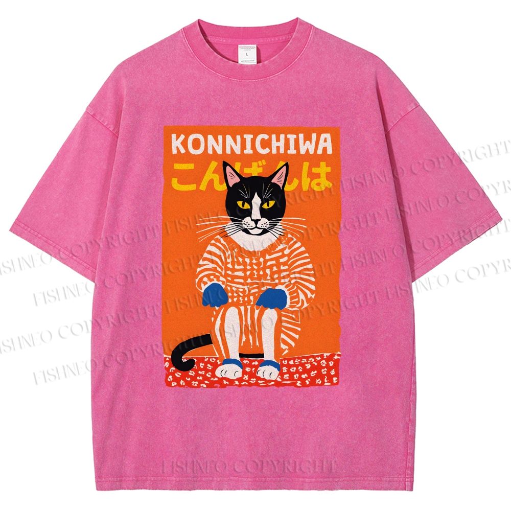 Unisex Artistic Cat Printed Washed Tee