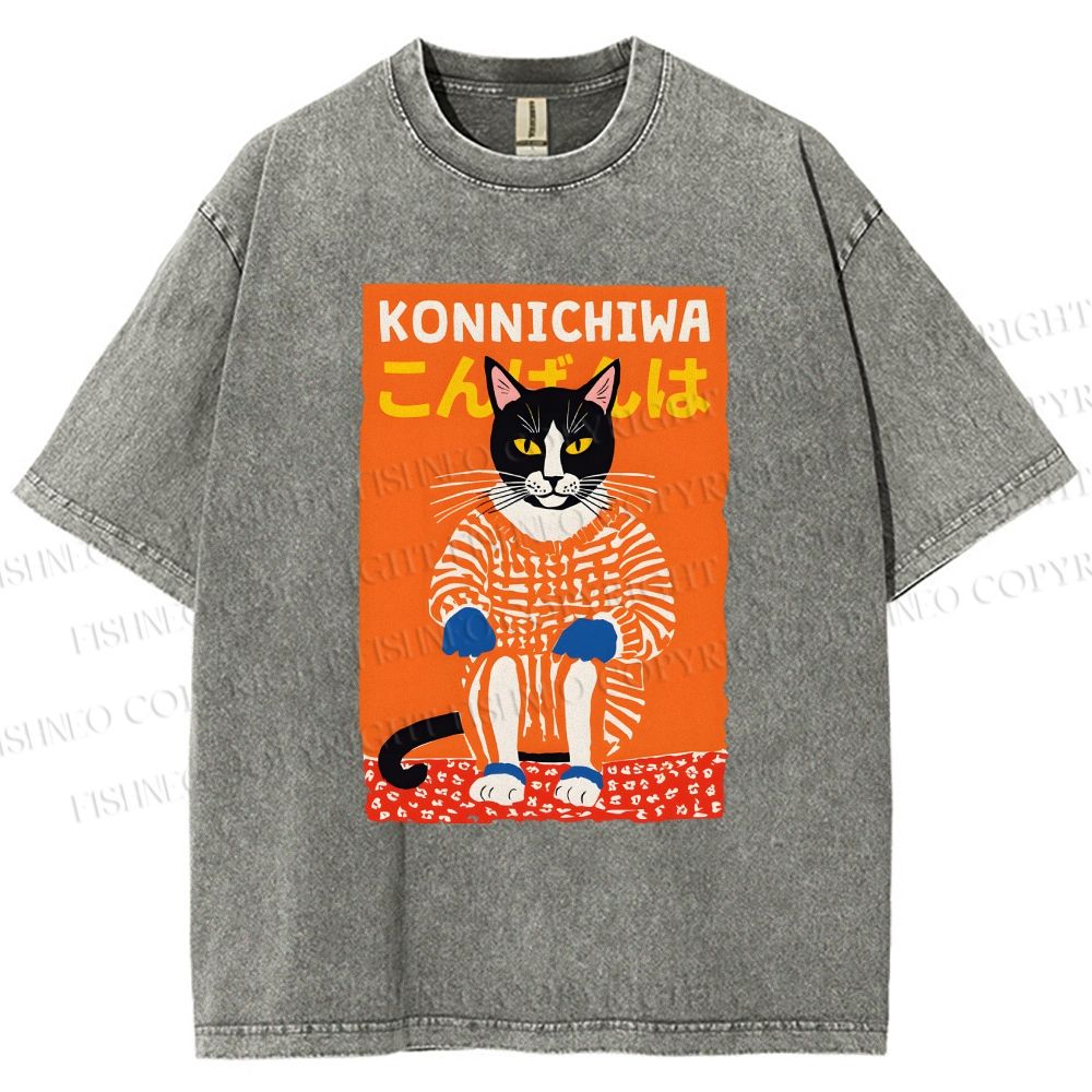 Unisex Artistic Cat Printed Washed Tee