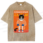 Unisex Artistic Cat Printed Washed Tee