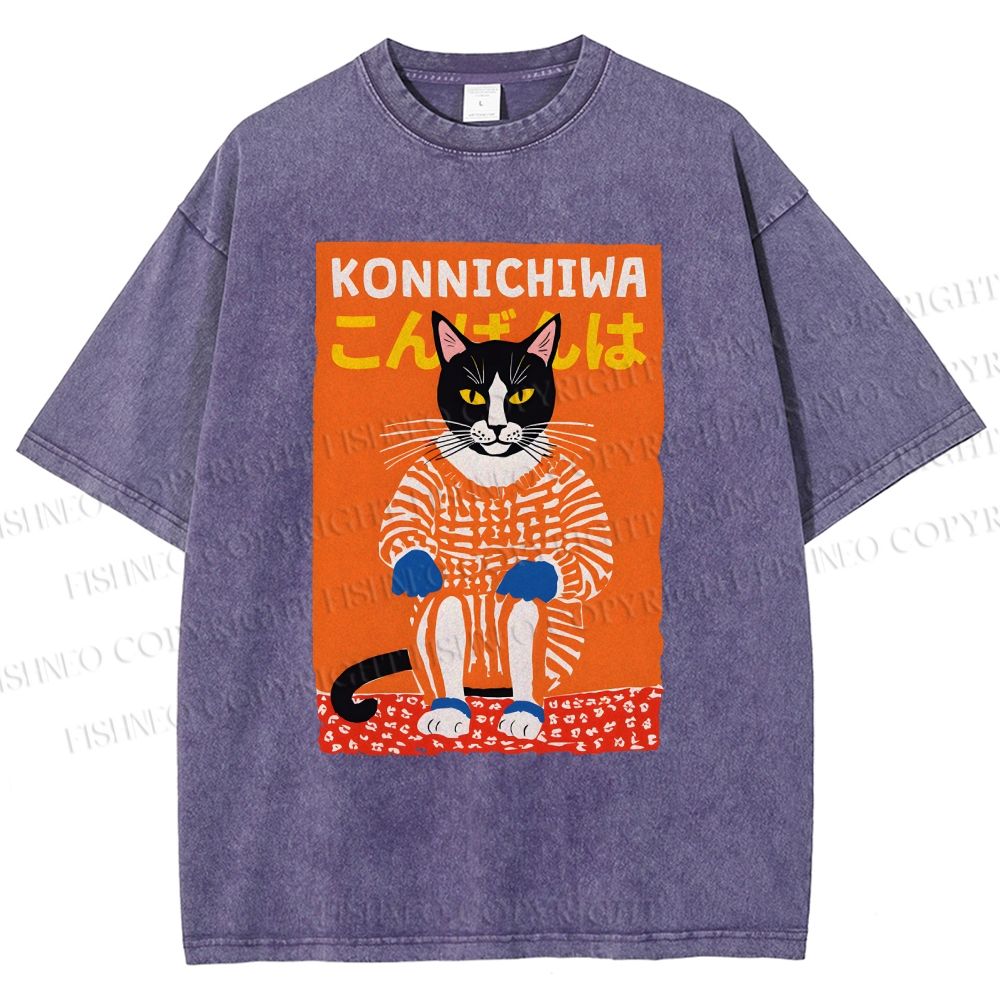 Unisex Artistic Cat Printed Washed Tee