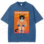 Unisex Artistic Cat Printed Washed Tee