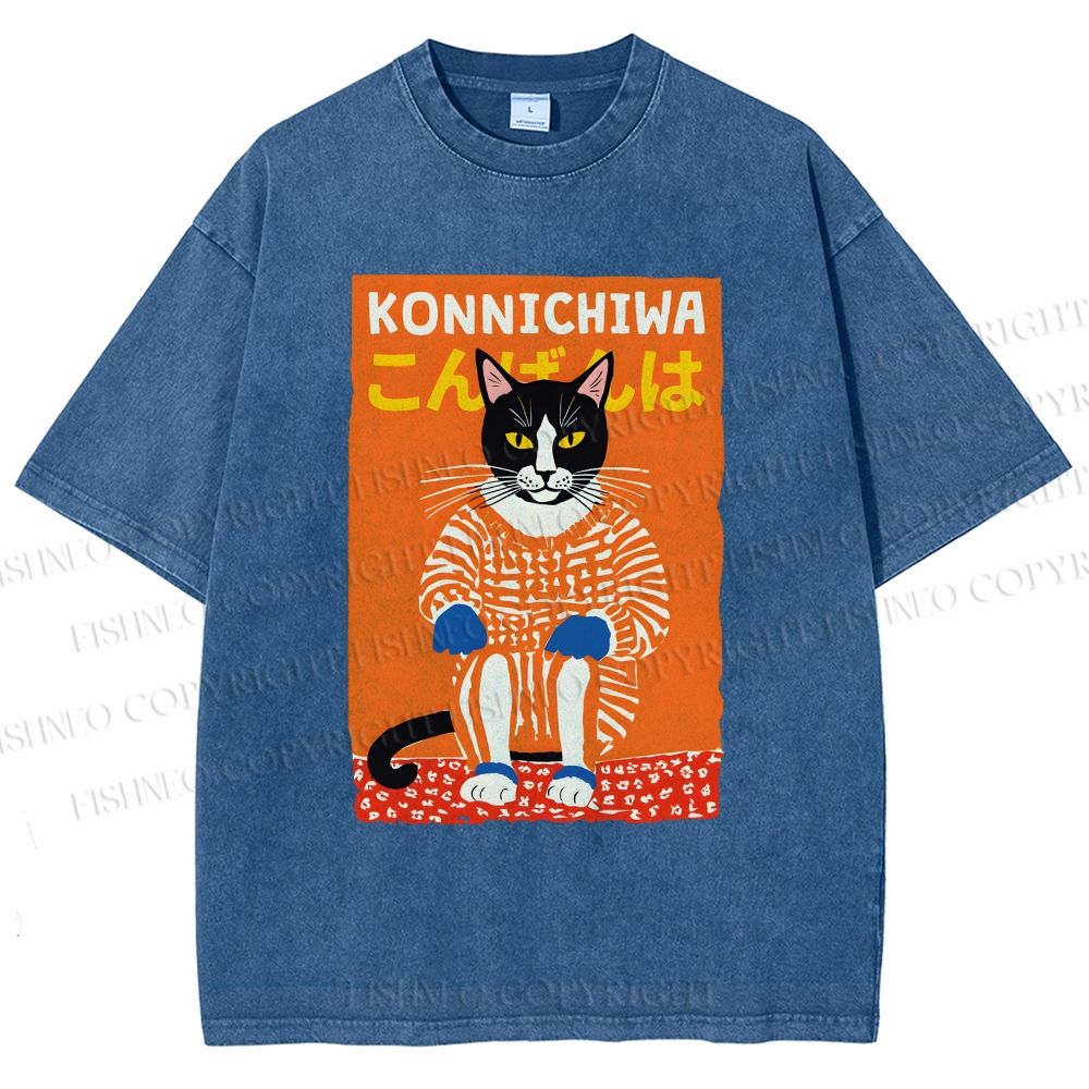 Unisex Artistic Cat Printed Washed Tee
